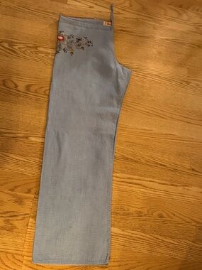 BONGO Medium Light Blue Linen-Cotton Wide Leg Embroidered Pants